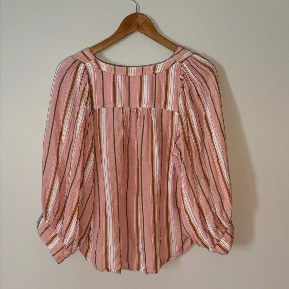 Anthropologie Maeve Byron Striped Balloon Sleeve Boho Top Pink Rose Women Med - Picture 2 of 9